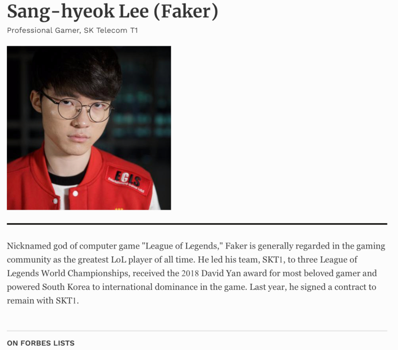LoL: Faker é citado na lista dos 30 abaixo dos 30 da Forbes na Ásia - Mais  Esports